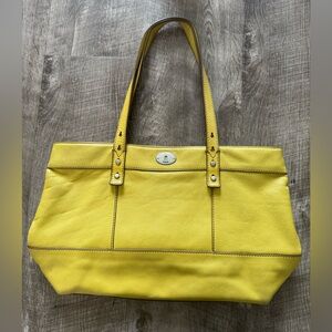 FOSSIL Vintage Mustard Yellow Leather HUNTER Cow Hide Tote Bag Purse Large